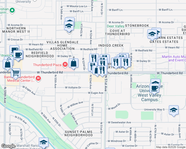 map of restaurants, bars, coffee shops, grocery stores, and more near 5145 West Thunderbird Road in Glendale