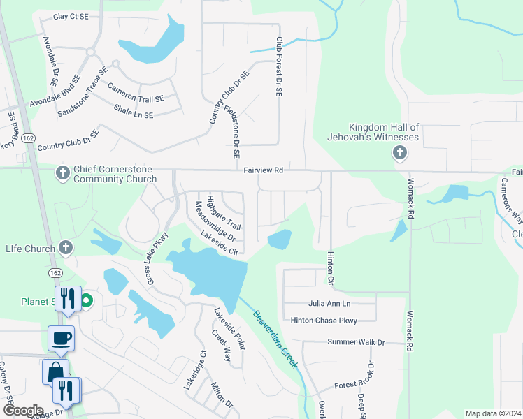 map of restaurants, bars, coffee shops, grocery stores, and more near 135 Fieldview Lane in Covington