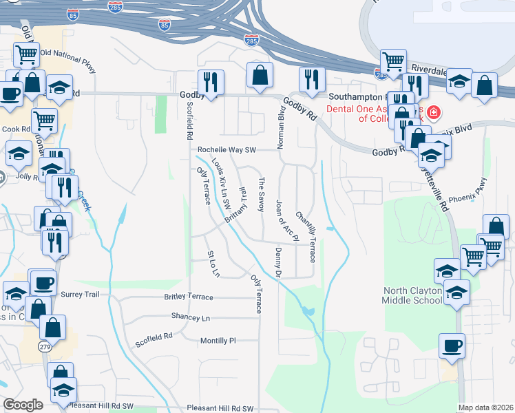 map of restaurants, bars, coffee shops, grocery stores, and more near 5325 The Savoy in Atlanta