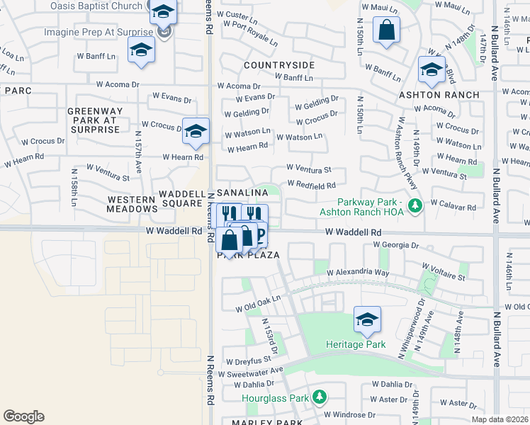 map of restaurants, bars, coffee shops, grocery stores, and more near 15338 West Boca Raton Road in Surprise