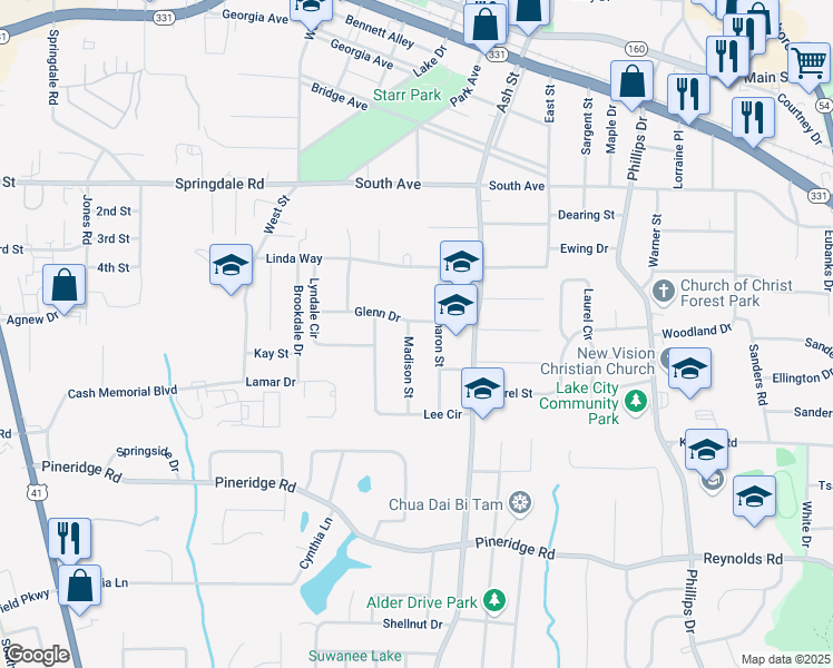 map of restaurants, bars, coffee shops, grocery stores, and more near 5278 Madison Street in Forest Park