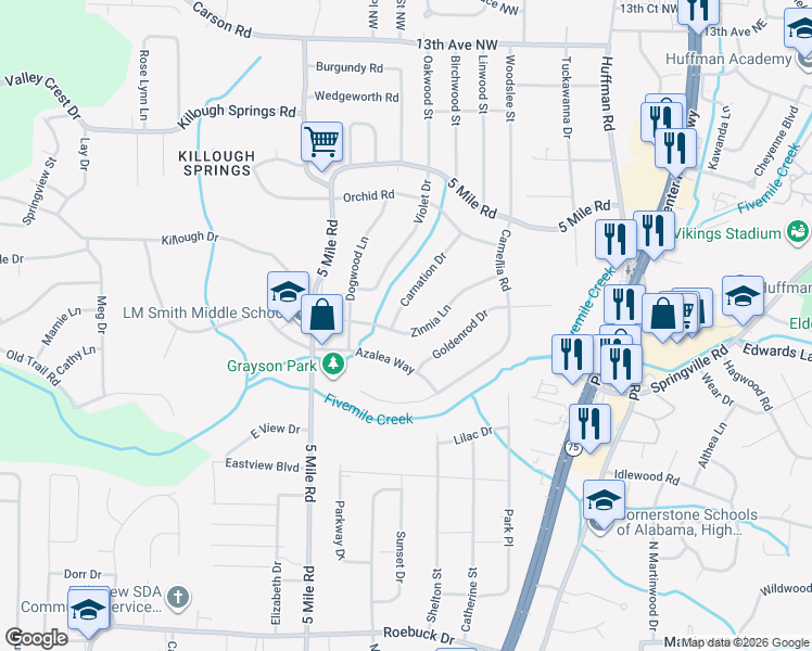map of restaurants, bars, coffee shops, grocery stores, and more near 508 Zinnia Lane in Birmingham