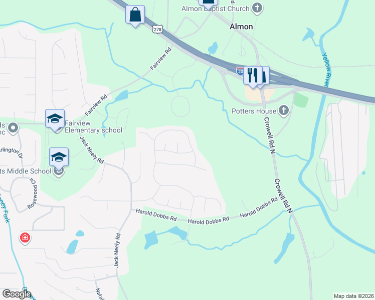 map of restaurants, bars, coffee shops, grocery stores, and more near 75 Streamside Drive in Covington