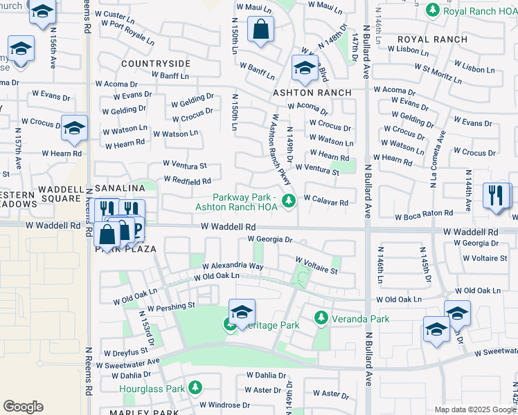 map of restaurants, bars, coffee shops, grocery stores, and more near 13843 North 150th Drive in Surprise