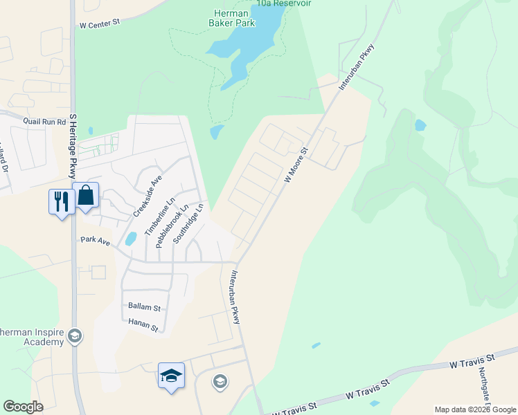 map of restaurants, bars, coffee shops, grocery stores, and more near 2105 West Moore Street in Sherman
