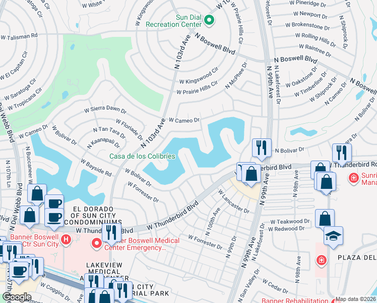 map of restaurants, bars, coffee shops, grocery stores, and more near 13839 North Crown Point in Sun City