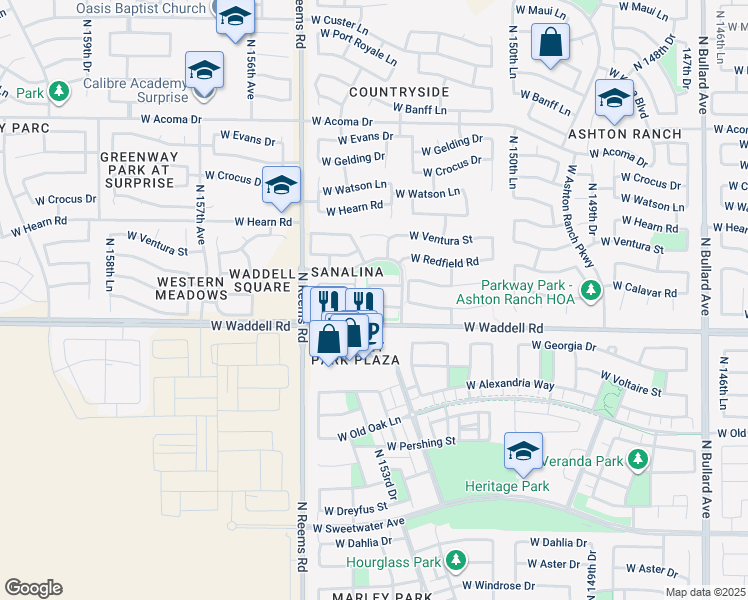 map of restaurants, bars, coffee shops, grocery stores, and more near 15346 West Boca Raton Road in Surprise