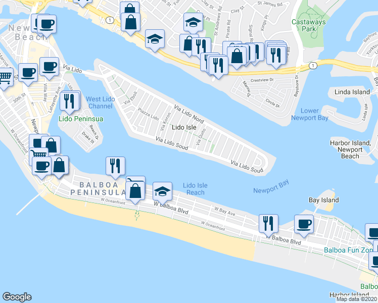 map of restaurants, bars, coffee shops, grocery stores, and more near 615 Via Lido Soud in Newport Beach