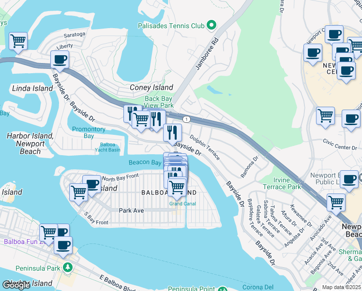 map of restaurants, bars, coffee shops, grocery stores, and more near 1101 Bayside Drive in Newport Beach