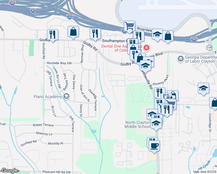 map of restaurants, bars, coffee shops, grocery stores, and more near 5314 Hanover Street in Atlanta