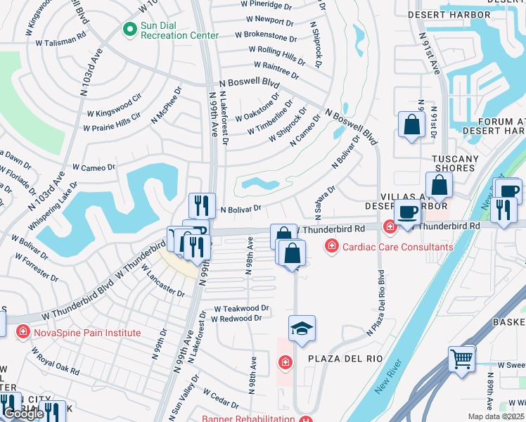 map of restaurants, bars, coffee shops, grocery stores, and more near 13814 North Gunstone Drive in Sun City