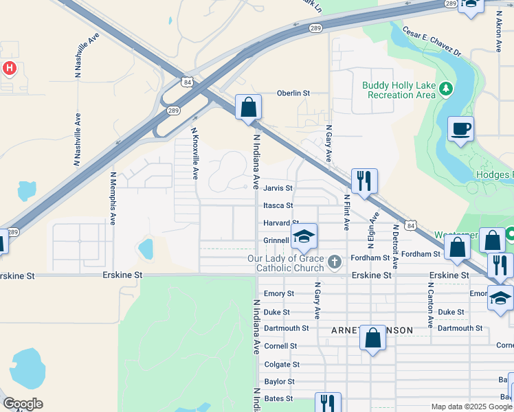 map of restaurants, bars, coffee shops, grocery stores, and more near 3416 Itasca Street in Lubbock