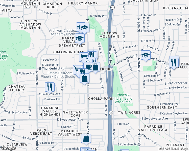 map of restaurants, bars, coffee shops, grocery stores, and more near 13621 North 32nd Street in Phoenix