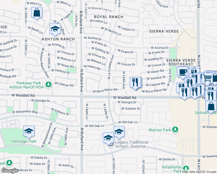 map of restaurants, bars, coffee shops, grocery stores, and more near 14500 West Boca Raton Road in Surprise