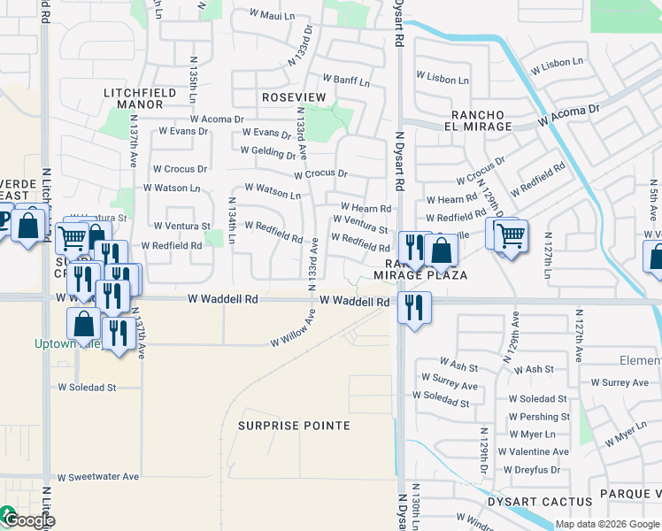 map of restaurants, bars, coffee shops, grocery stores, and more near 13951 North 132nd Lane in Surprise