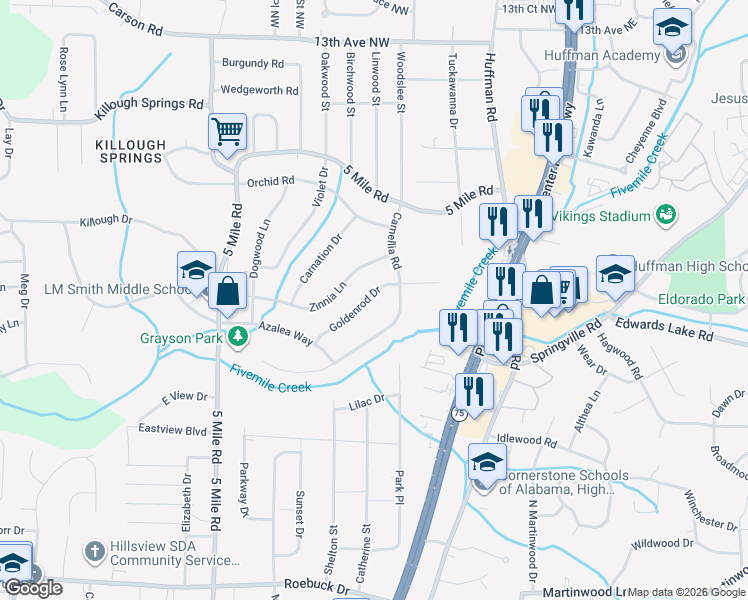 map of restaurants, bars, coffee shops, grocery stores, and more near 545 Goldenrod Drive in Birmingham