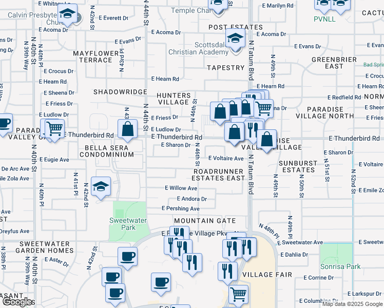 map of restaurants, bars, coffee shops, grocery stores, and more near 4530 East Voltaire Avenue in Phoenix