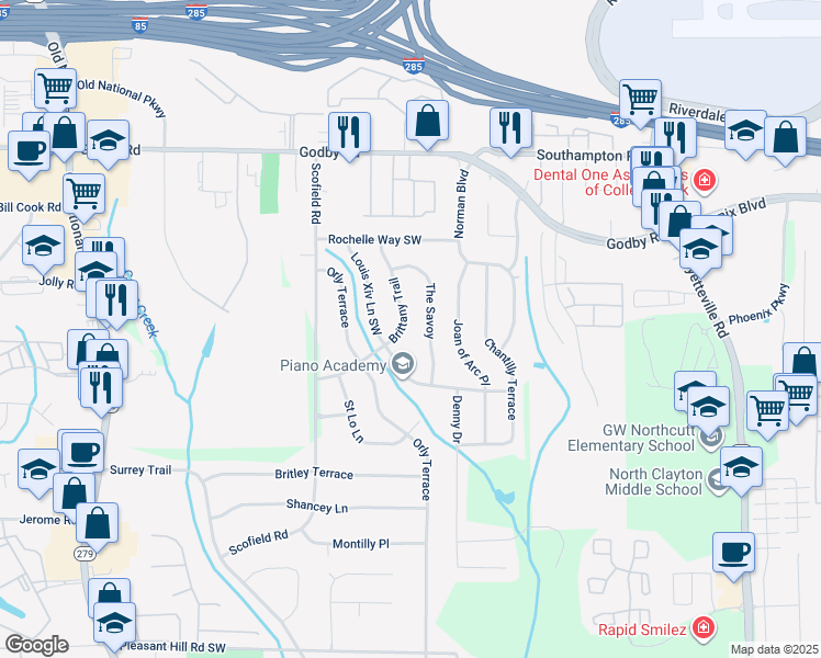 map of restaurants, bars, coffee shops, grocery stores, and more near 5312 Brittany Trail in Atlanta