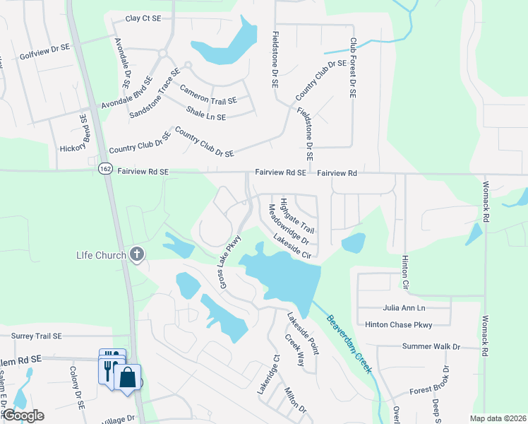 map of restaurants, bars, coffee shops, grocery stores, and more near 85 Meadowridge Drive in Covington
