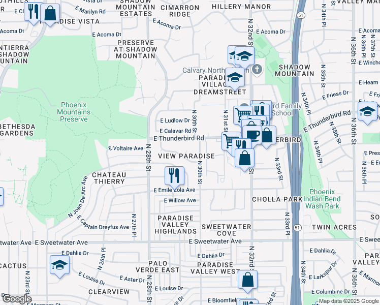 map of restaurants, bars, coffee shops, grocery stores, and more near 13615 North 29th Place in Phoenix