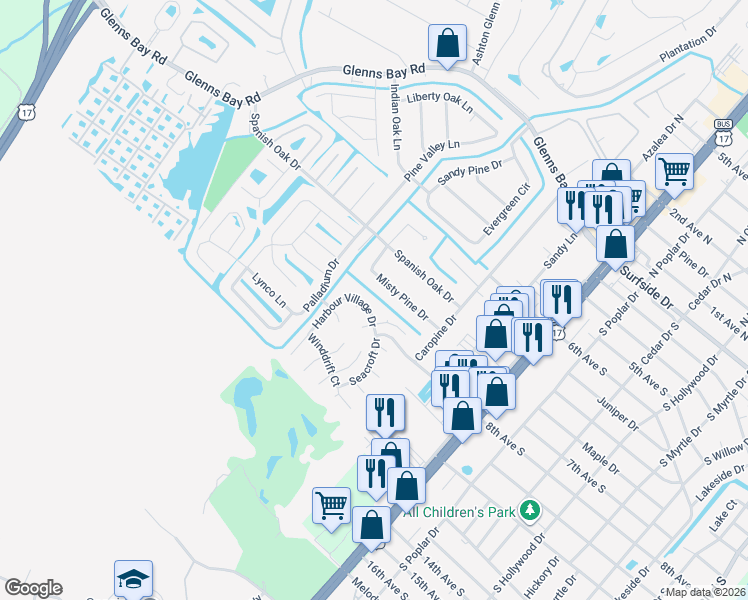 map of restaurants, bars, coffee shops, grocery stores, and more near 117 Misty Pine Drive in Myrtle Beach