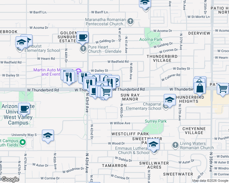 map of restaurants, bars, coffee shops, grocery stores, and more near 4123 West Thunderbird Road in Phoenix