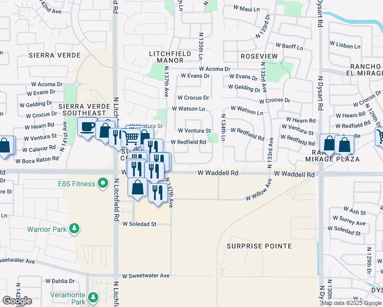 map of restaurants, bars, coffee shops, grocery stores, and more near 13947 North 136th Drive in Surprise