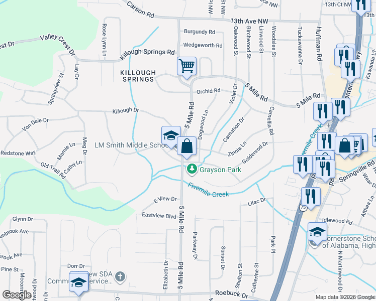 map of restaurants, bars, coffee shops, grocery stores, and more near 1117 5 Mile Road in Birmingham