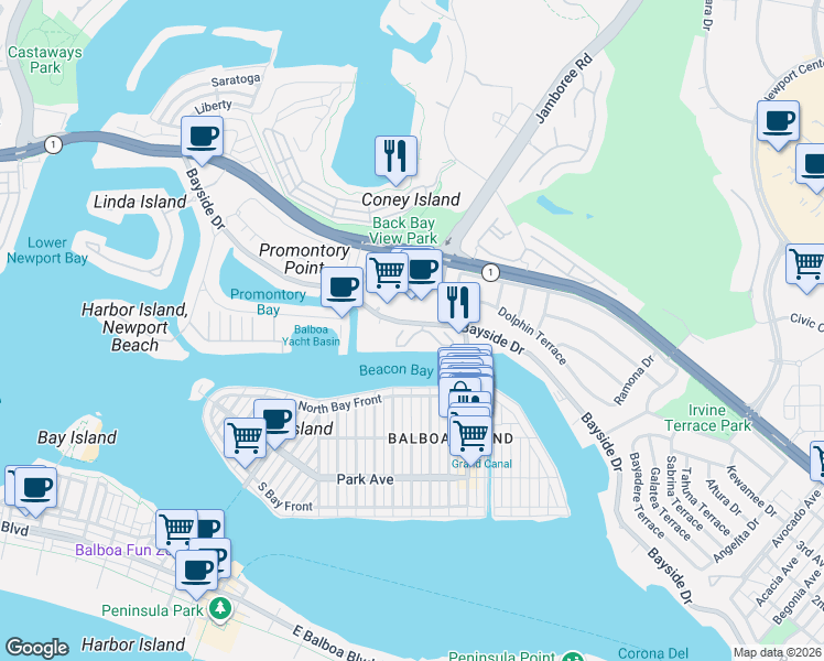 map of restaurants, bars, coffee shops, grocery stores, and more near 978 Bayside Cove in Newport Beach