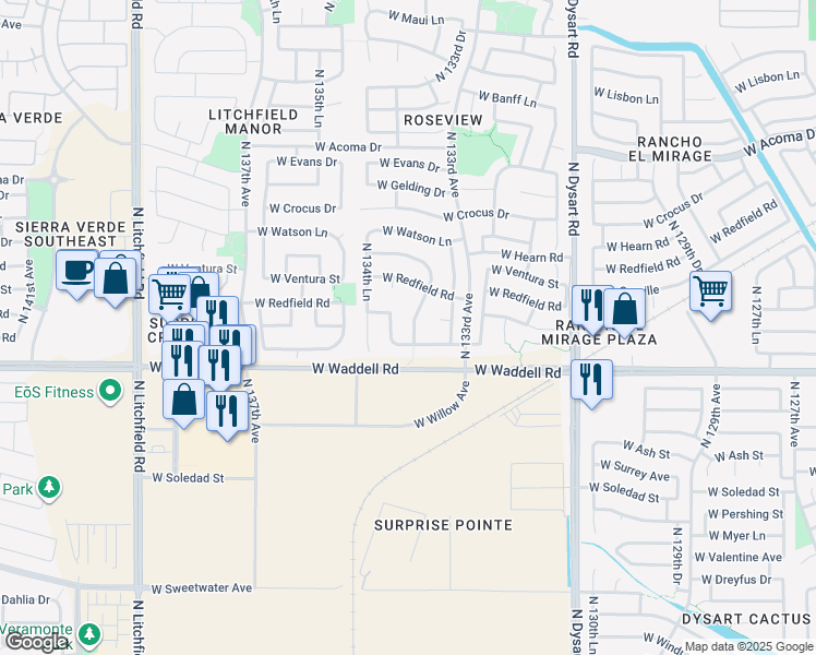 map of restaurants, bars, coffee shops, grocery stores, and more near 13940 North 133rd Lane in Surprise