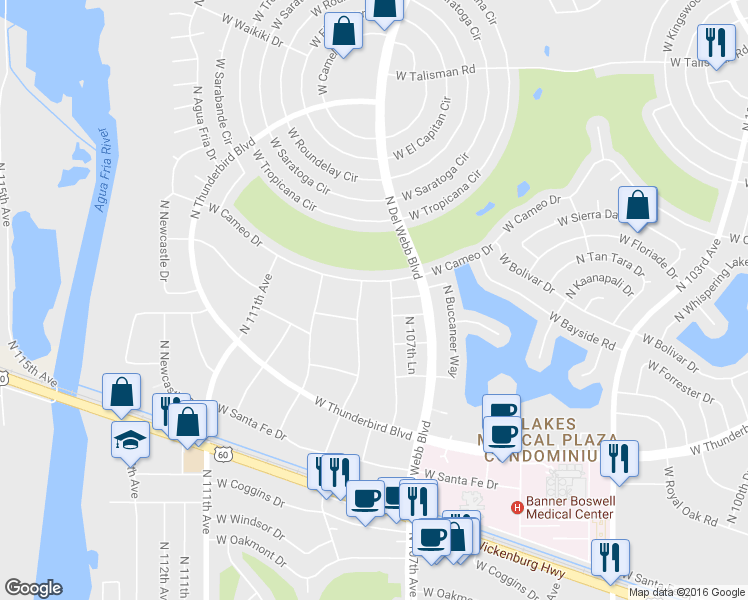 map of restaurants, bars, coffee shops, grocery stores, and more near 13887 North 107th Drive in Sun City