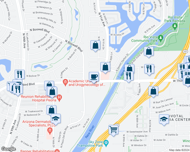 map of restaurants, bars, coffee shops, grocery stores, and more near 13857 North 91st Drive in Peoria