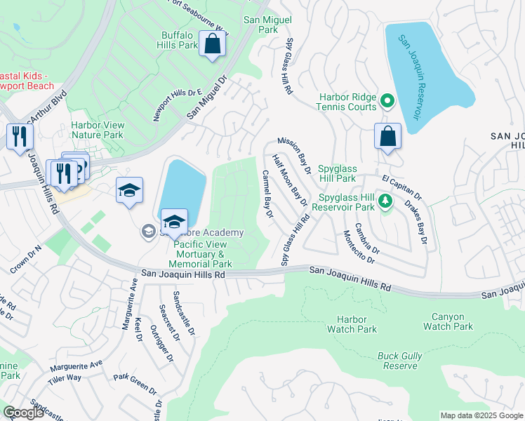 map of restaurants, bars, coffee shops, grocery stores, and more near 1 Carmel Bay Drive in Newport Beach