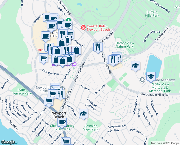 map of restaurants, bars, coffee shops, grocery stores, and more near 2512 Wavecrest Drive in Newport Beach