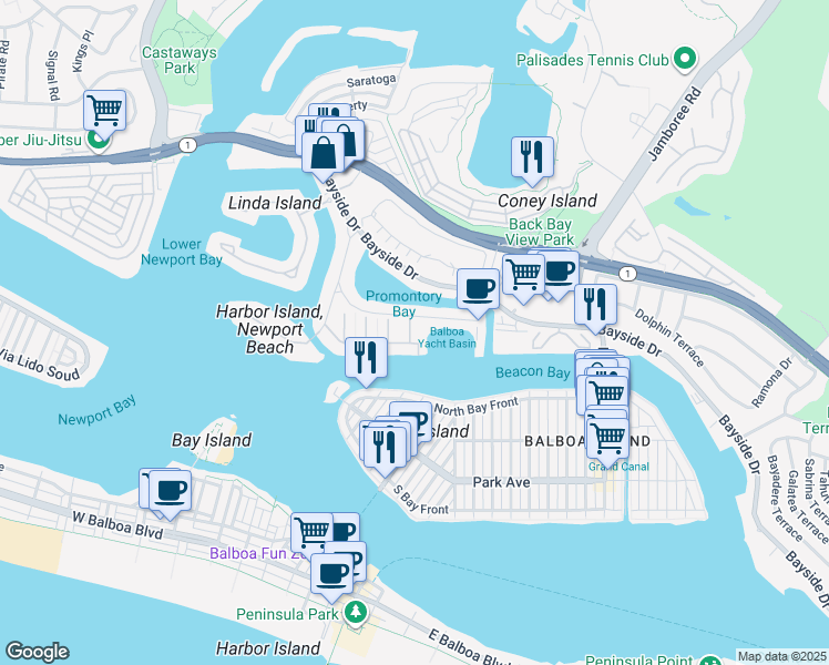 map of restaurants, bars, coffee shops, grocery stores, and more near 66 Beacon Bay in Newport Beach