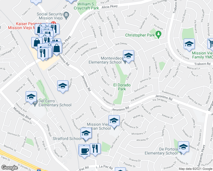 map of restaurants, bars, coffee shops, grocery stores, and more near 24241 Castilla Lane in Mission Viejo
