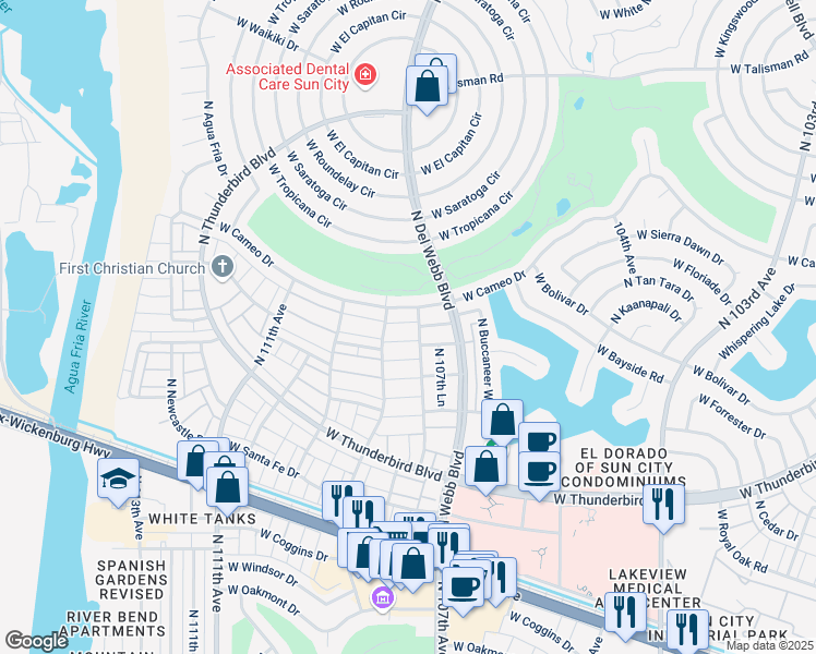 map of restaurants, bars, coffee shops, grocery stores, and more near 13887 North 107th Drive in Sun City