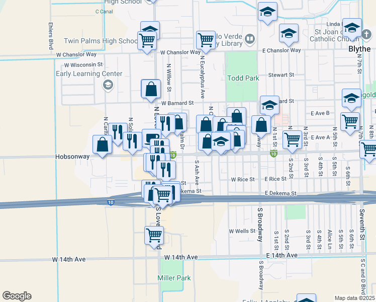 map of restaurants, bars, coffee shops, grocery stores, and more near 531 Hobsonway in Blythe