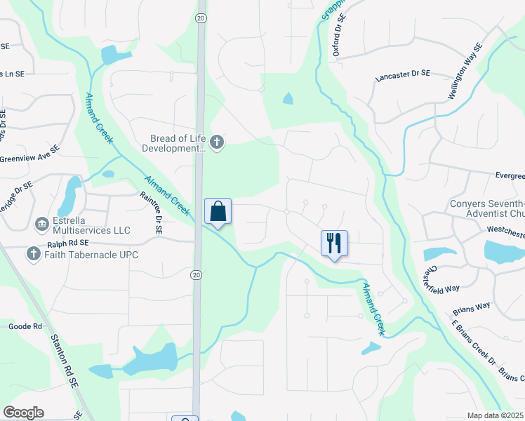 map of restaurants, bars, coffee shops, grocery stores, and more near 1118 Fountain Crest Drive in Conyers