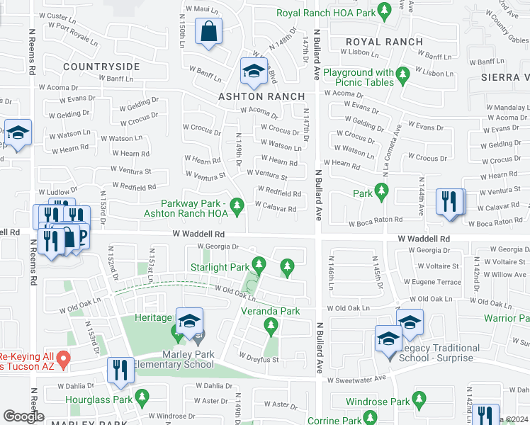 map of restaurants, bars, coffee shops, grocery stores, and more near 13871 North 148th Lane in Surprise