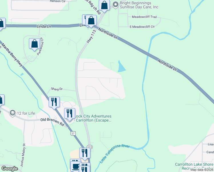 map of restaurants, bars, coffee shops, grocery stores, and more near 60 Woodland Drive in Carrollton