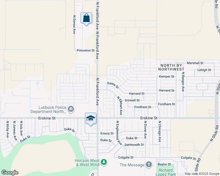 map of restaurants, bars, coffee shops, grocery stores, and more near 5702 Harvard Street in Lubbock