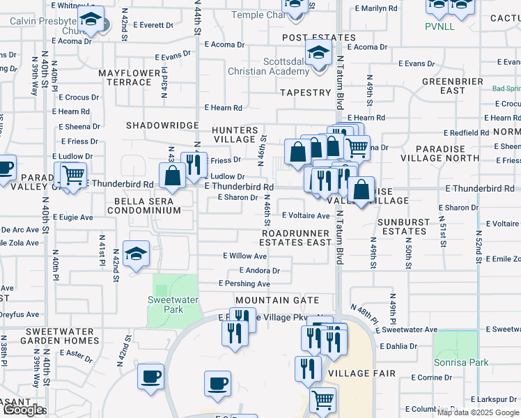 map of restaurants, bars, coffee shops, grocery stores, and more near 4530 East Voltaire Avenue in Phoenix