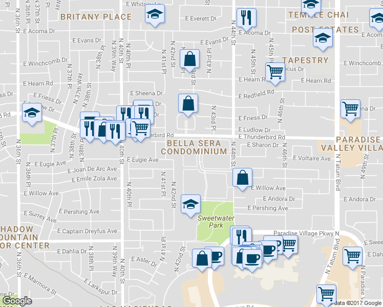 map of restaurants, bars, coffee shops, grocery stores, and more near 13616 North 43rd Street in Phoenix