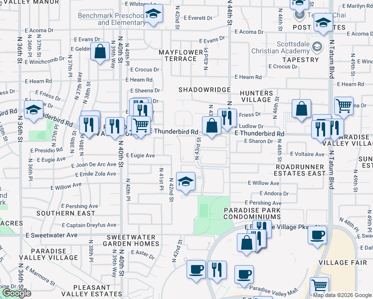 map of restaurants, bars, coffee shops, grocery stores, and more near 13616 North 43rd Street in Phoenix
