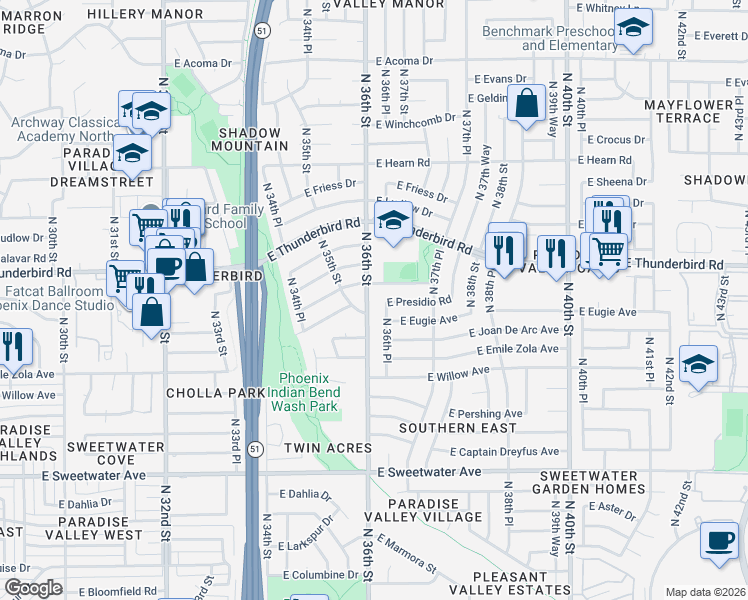 map of restaurants, bars, coffee shops, grocery stores, and more near 13637 North 35th Street in Phoenix