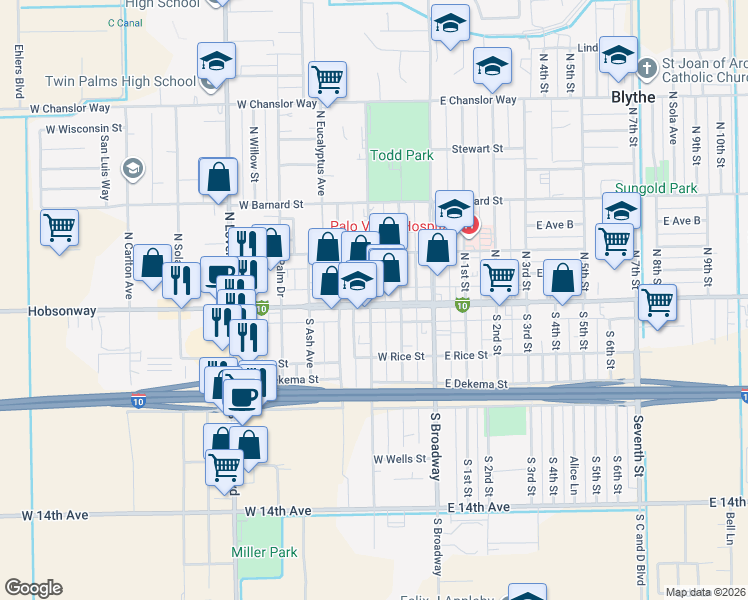 map of restaurants, bars, coffee shops, grocery stores, and more near in Blythe