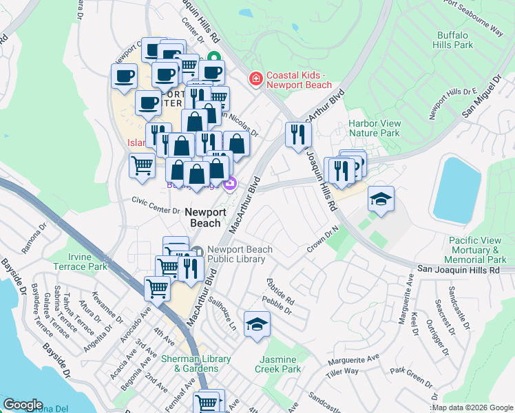 map of restaurants, bars, coffee shops, grocery stores, and more near 1239 Surfline Way in Newport Beach