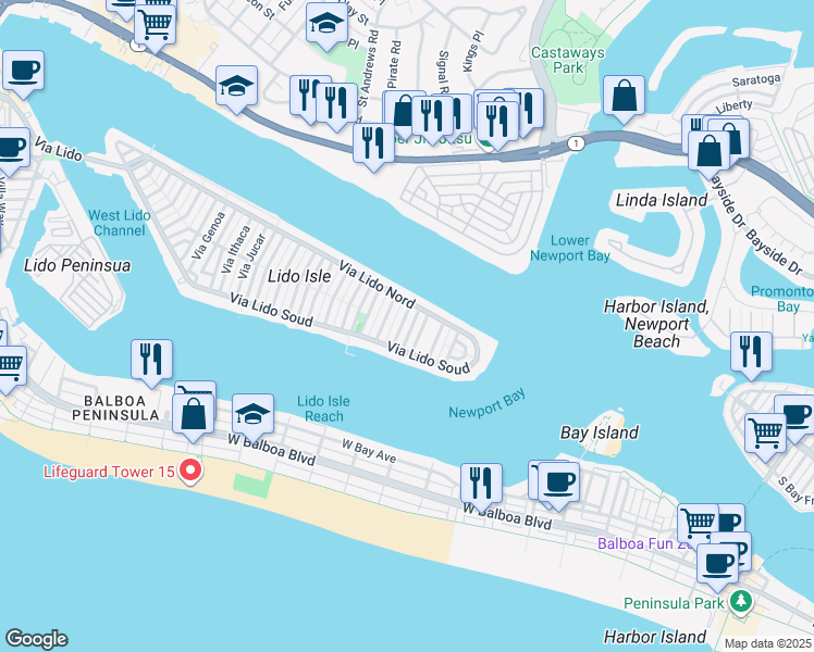 map of restaurants, bars, coffee shops, grocery stores, and more near 136 Via Waziers in Newport Beach