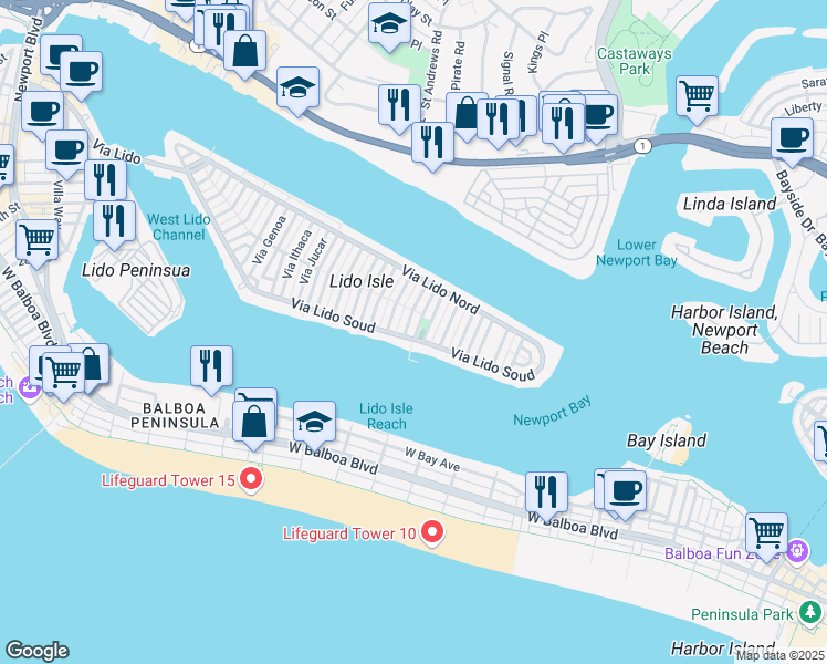 map of restaurants, bars, coffee shops, grocery stores, and more near 103 Via San Remo in Newport Beach